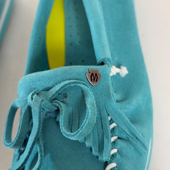 Minnetonka Turquoise Suede Moccasins Kitty Plus Womens Size 10 Fringe Whipstitch - Picture 12 of 16